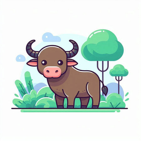 Cute cartoon buffalo standing in the forest. Vector illustration in flat style.のイラスト素材