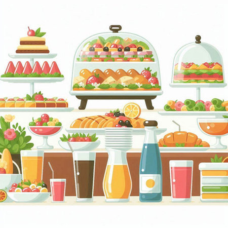 Catering service. Vector illustration of a buffet with food.のイラスト素材