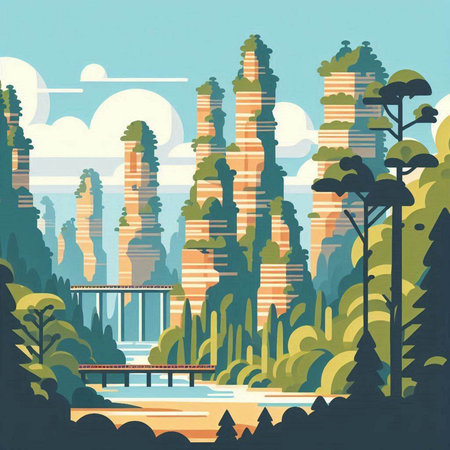 Landscape with river and high mountains in flat style. Vector illustration.のイラスト素材