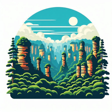 Fantasy landscape with mountains and forest. Vector illustration in retro style.のイラスト素材