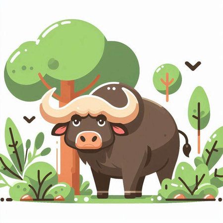 Illustration of a Cute Buffalo in the Forest, Vector Illustrationのイラスト素材