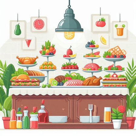 Fruits and vegetables on the counter in the restaurant. Vector illustrationのイラスト素材