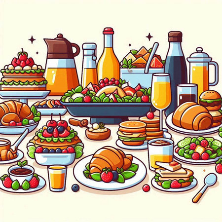 Vector illustration of a breakfast set with food and drinks in cartoon styleのイラスト素材