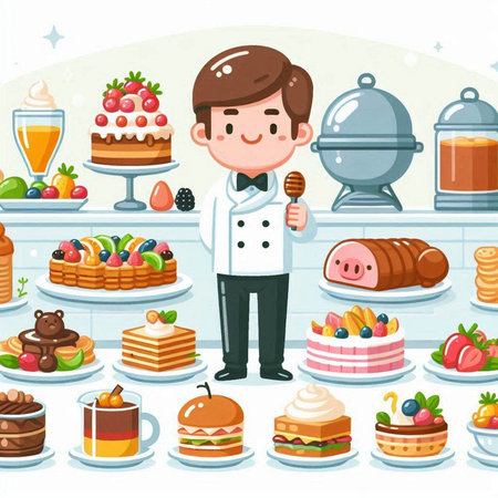 Catering buffet with sweets and desserts. Cartoon vector illustration.のイラスト素材