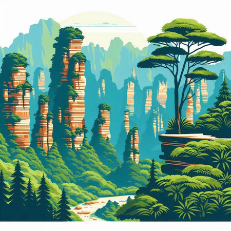 Mountain landscape with forest, river and rocks. Vector illustration.のイラスト素材