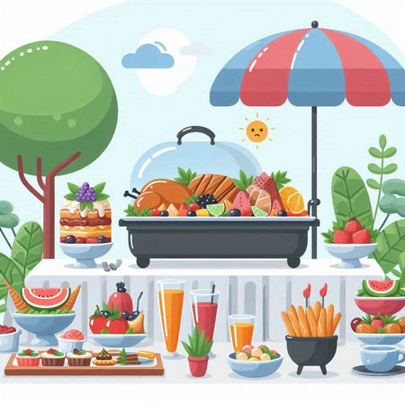 Vector illustration of a brunch buffet with fruit, vegetables and desserts.のイラスト素材