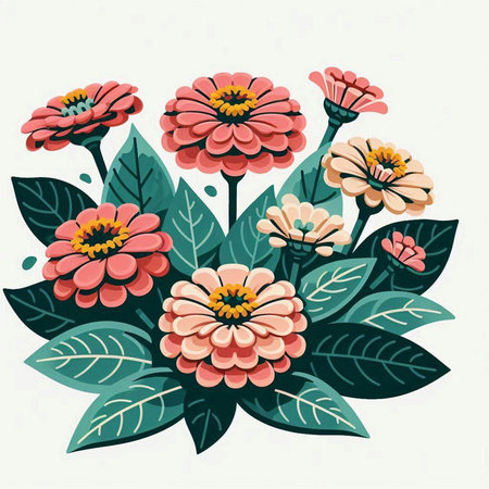 Zinnia flowers with leaves. Vector illustration for your design.のイラスト素材