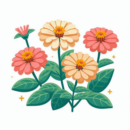 Zinnia flowers on a white background. Hand drawn vector illustration.のイラスト素材
