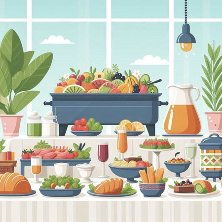 Fruits and vegetables on buffet table. Vector illustration in cartoon styleのイラスト素材