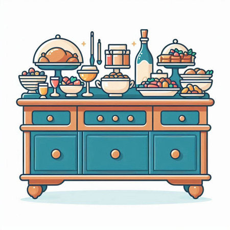Vector illustration of an old chest of drawers with food and drinksのイラスト素材