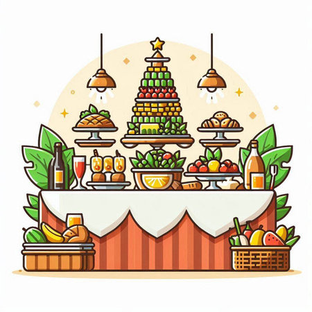 Vector illustration of a table with food and drinks in the restaurant.のイラスト素材