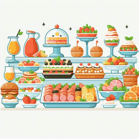Vector illustration of a shelf with different fruit and cakes in a restaurantのイラスト素材