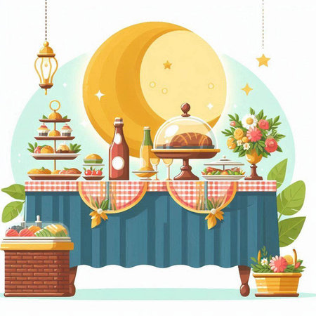 Illustration of a Table with Food and Drinks for a Holidayのイラスト素材