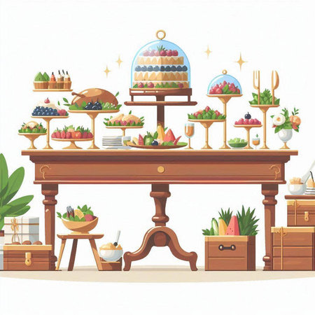 Catering table with food. Vector illustration in cartoon style.のイラスト素材