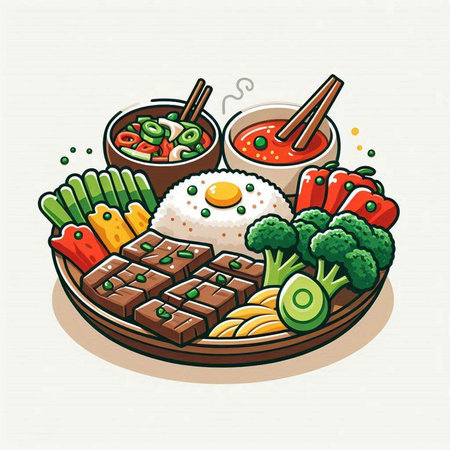 Illustration of Japanese food with chopsticks and vegetables on plate.のイラスト素材