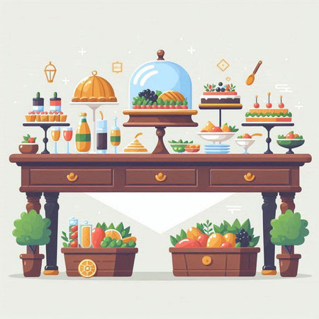 Catering table with food. Vector illustration in flat style.のイラスト素材
