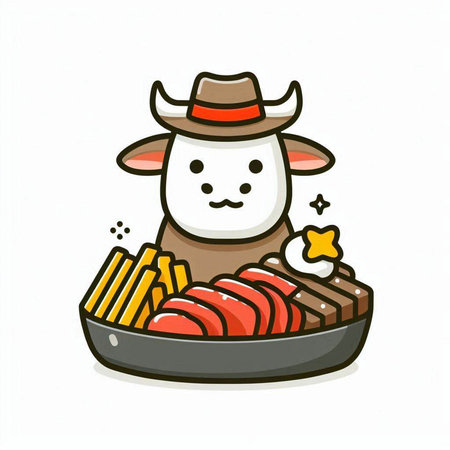 Vector illustration of a cute cow in a hat with a plate of food on a white backgroundのイラスト素材