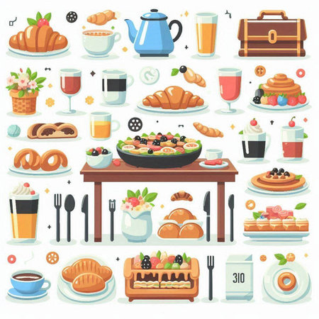 Breakfast with coffee, croissants and desserts. Vector illustrationのイラスト素材
