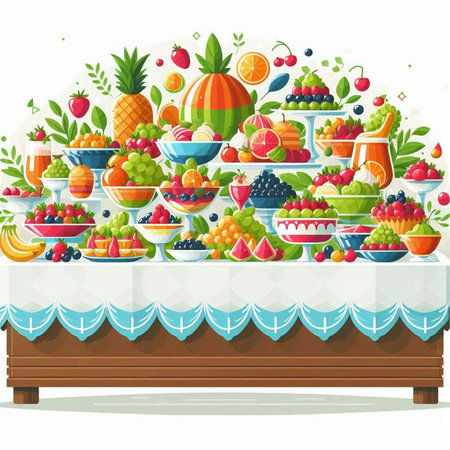 Fruit shop counter with fresh fruit and vegetables. Vector illustration.のイラスト素材
