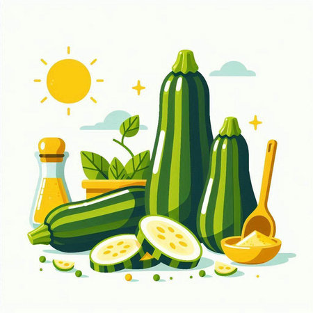 Zucchini and its ingredients. Vector illustration in flat style.のイラスト素材