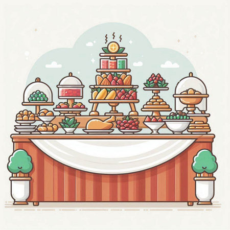 Candy bar with fruit and cakes. Vector illustration in flat styleのイラスト素材