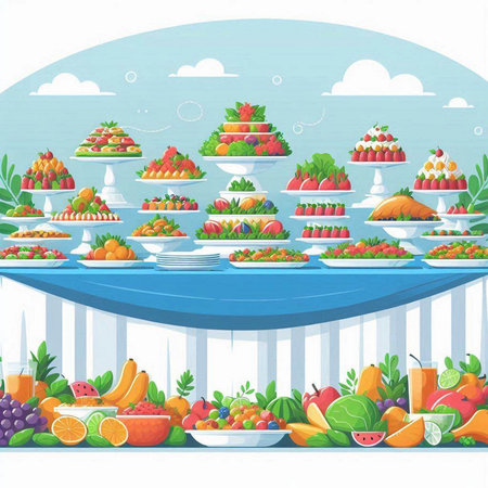 Vector illustration of a fruit buffet with fresh fruits and vegetables on the tableのイラスト素材