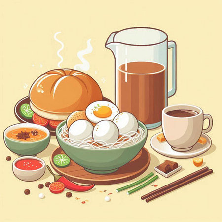 Illustration of traditional chinese food with cup of hot tea and soupのイラスト素材