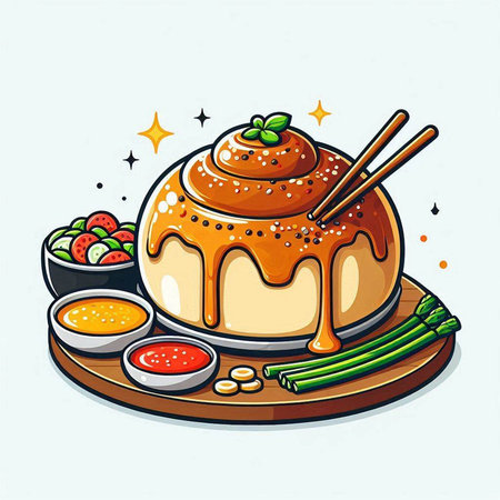 Buddha cake with asparagus and soy sauce. Vector illustration.のイラスト素材