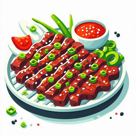 Illustration of a beef steak on a plate with sauce and vegetablesのイラスト素材