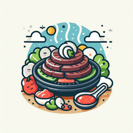 Vector illustration of korean food. Steak, vegetables and spices.のイラスト素材