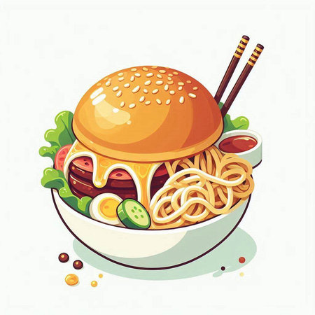 Vector illustration of a hamburger with noodles and sauce in a bowlのイラスト素材
