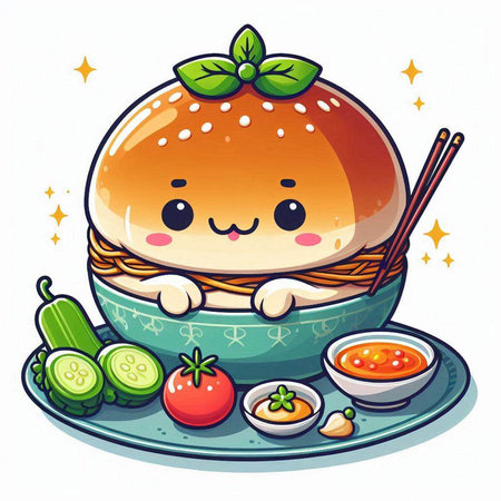 Illustration of a cute and kawaii hamburger in a bowlのイラスト素材