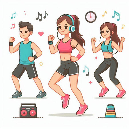 Set of young people in sportswear running, jogging and listening to music with headphones. Vector illustration.のイラスト素材