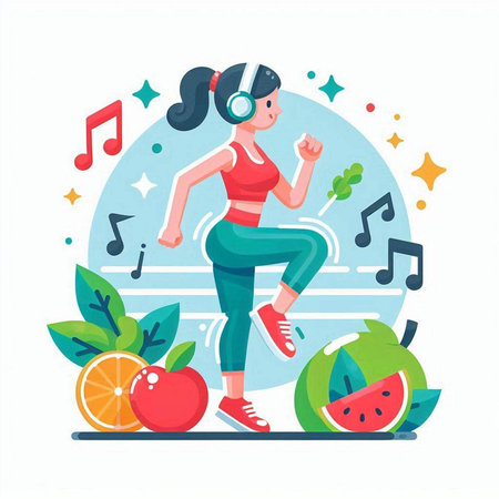 Fitness girl in headphones, healthy lifestyle concept. Vector illustration.のイラスト素材