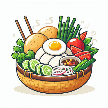 Basket of noodle with vegetables and eggs. Vector illustration.のイラスト素材