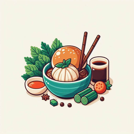 Bowl of miso soup with chopsticks and vegetables. Vector illustration.のイラスト素材