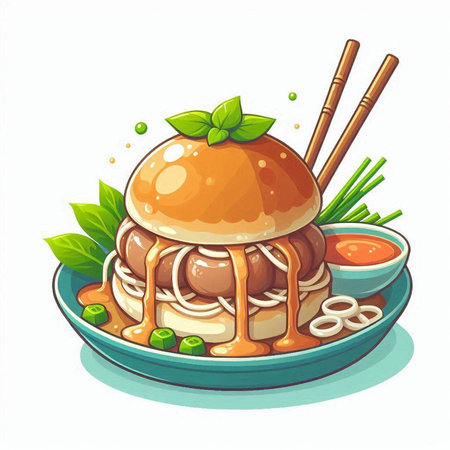 Illustration of a bowl of noodle with sauce and chopsticksのイラスト素材