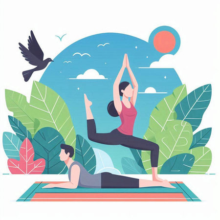 Man and woman practicing yoga in a park. Vector illustration in flat style.のイラスト素材
