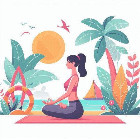 Woman practicing yoga on the beach. Vector illustration in a flat styleのイラスト素材