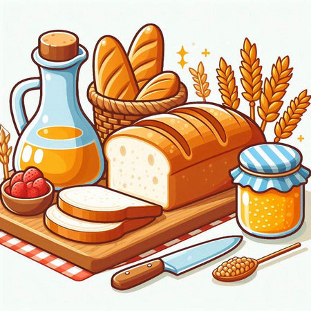 Illustration of a loaf of bread, a jar of honey and a knife on a wooden boardのイラスト素材