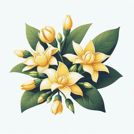 Bouquet of yellow flowers with green leaves. Vector illustration.のイラスト素材
