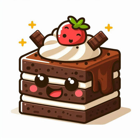 Cute chocolate cake with strawberry and whipped cream. Vector illustration.のイラスト素材