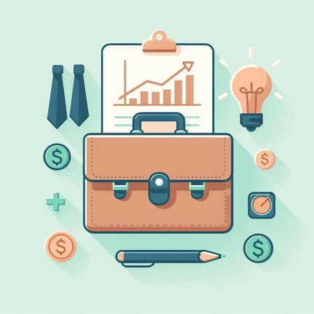 Flat design modern vector illustration concept of business and finance, briefcase, pencil, light bulb, chart, money, lightbulb and business iconsのイラスト素材