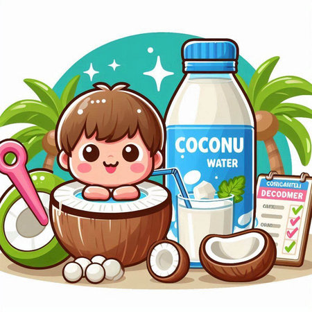 Illustration of a Kid Boy Holding a Bottle of Coconut Milk and a Slice of Coconutのイラスト素材