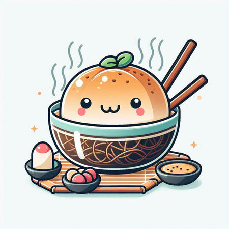 Kawaii illustration of a bowl of miso soup with chopsticksのイラスト素材