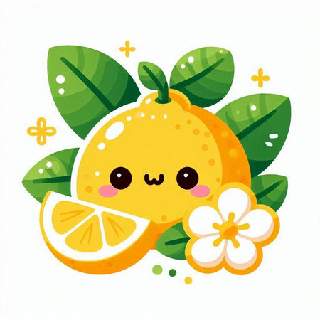 Cute kawaii lemon character with leaves and flowers. Vector illustration.のイラスト素材