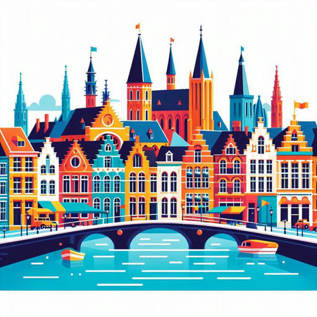 Bruges, Belgium, Europe. Vector illustration in flat styleのイラスト素材