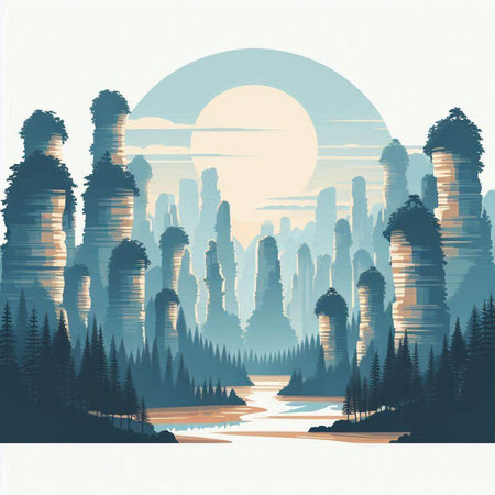Foggy forest. Vector illustration of a foggy forest.のイラスト素材