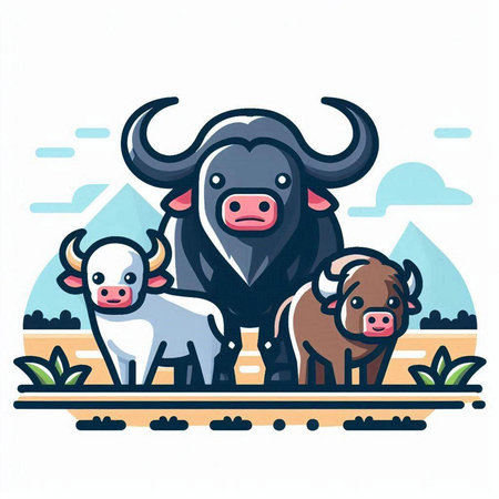 Illustration of buffalo family in the farm. Vector illustration in cartoon style.のイラスト素材