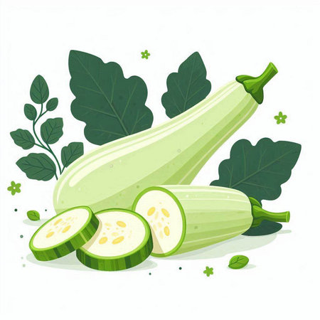 Fresh zucchini with green leaves isolated on white background. Vector illustration.のイラスト素材